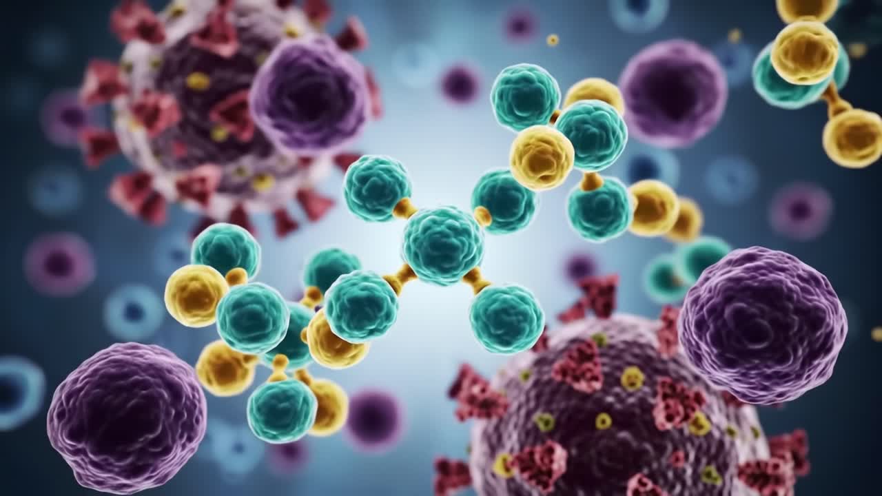 Explore the intricate world of cellular interactions and molecular formations in this captivating microscopic view, revealing the complexity of life at its smallest scale.