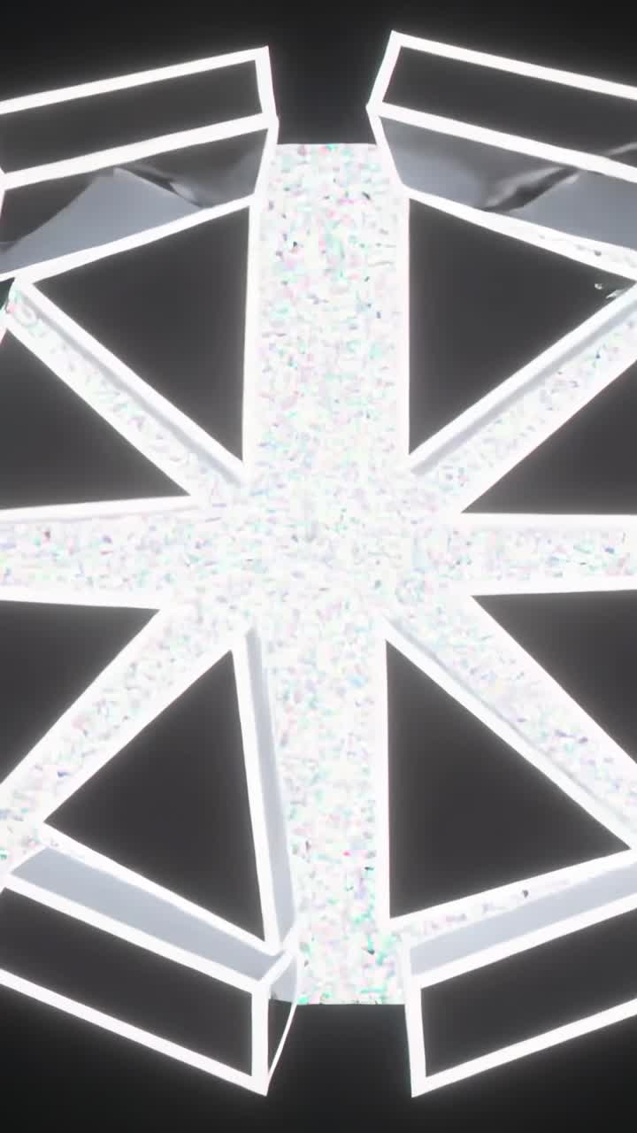 Vertical video: Glowing octagon ring sending grain from center on black frame, filling with static