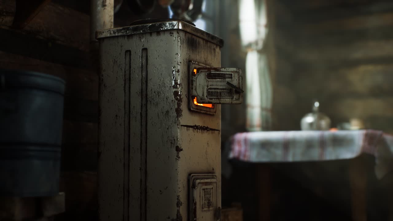 interior oscuro de una casa de troncos retro