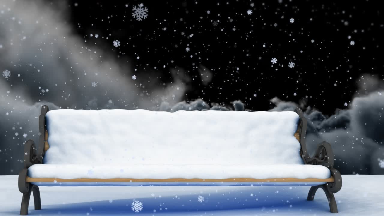 Animation af snefald over bænk og jule-vinterlandskab