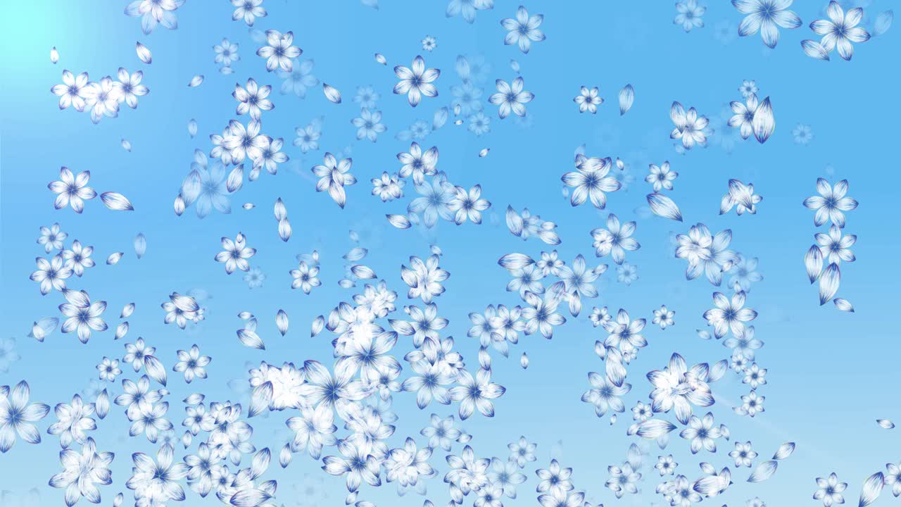 작은 꽃들이 천천히 파란 스크린에서 떨어집니다.