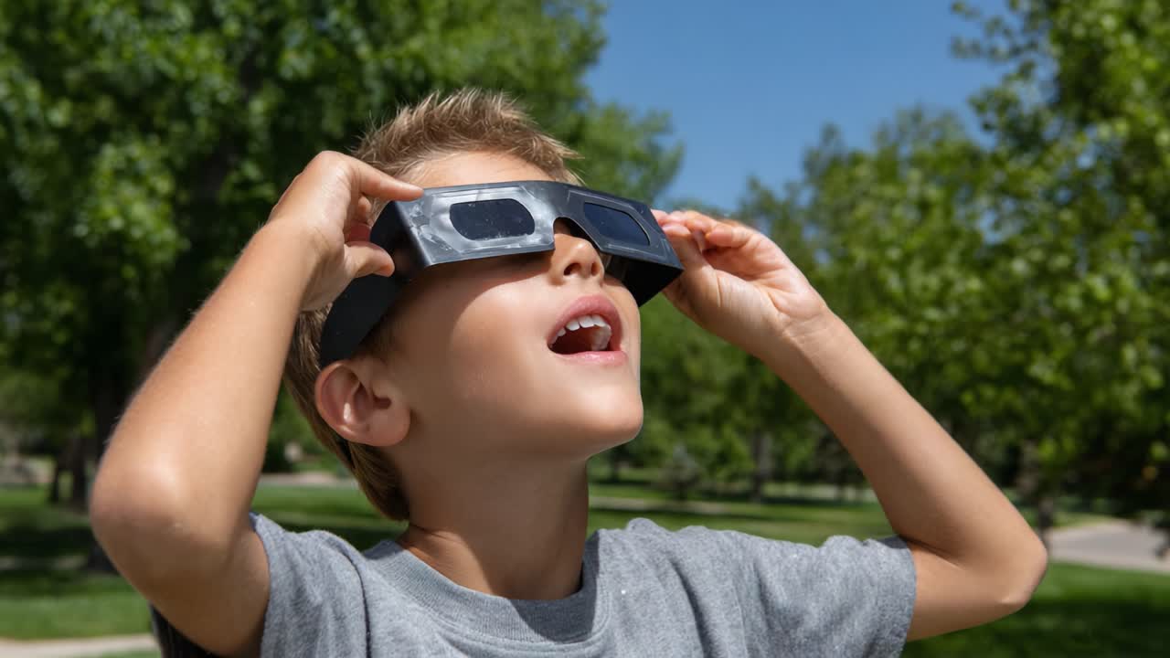 A Young Boy Marvels at the Sky with Special Glasses, Experiencing the Wonders of Solar Phenomena in a Bright, Green Park Environment Full of Trees