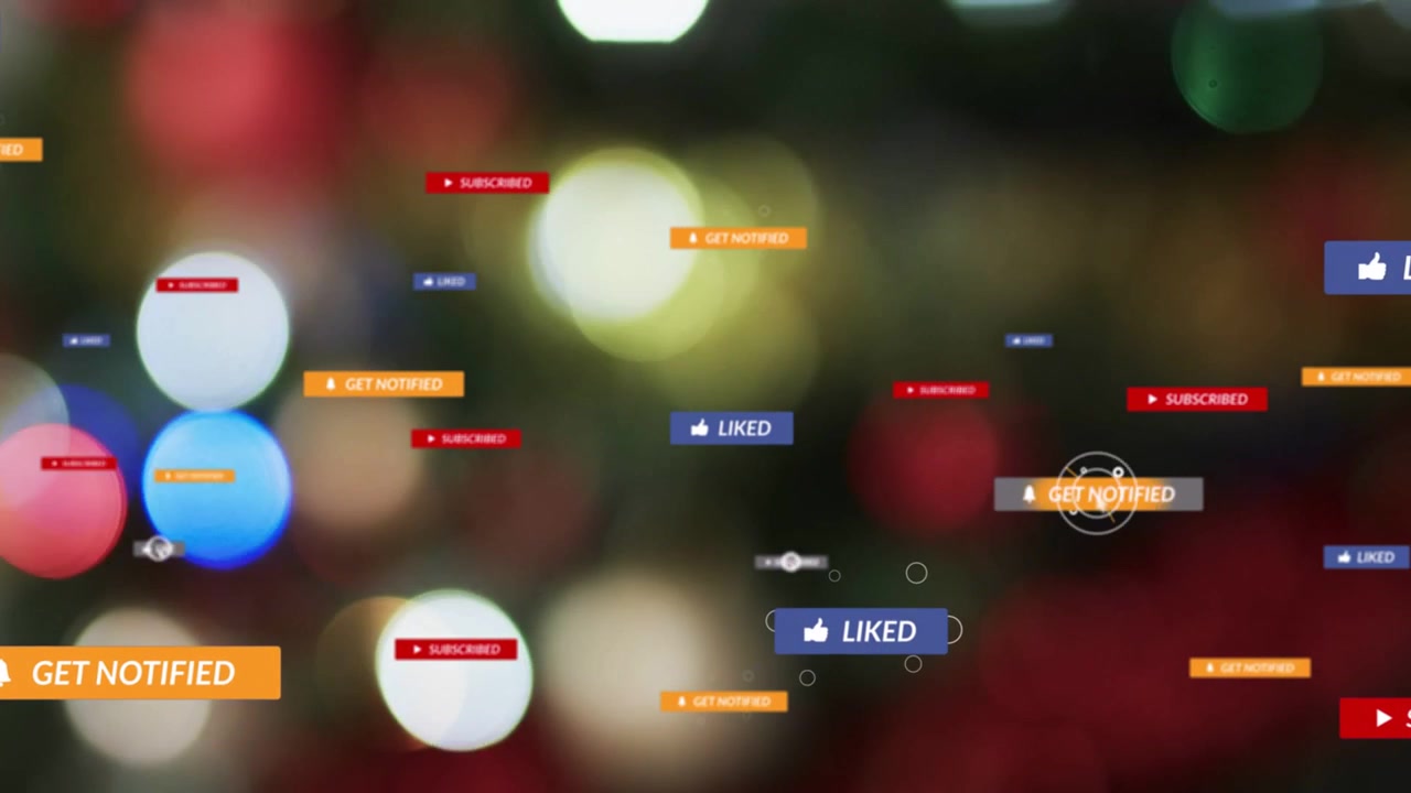 Badge UI social fluttuanti che appaiono e cambiano dopo il clic del cursore, riempiendo l'inquadratura per mostrare l'engagement.