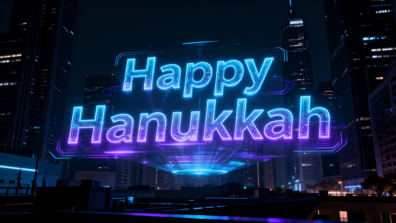 Activating hologram sign reading Happy Hanukkah rotating over city with base for Hanukkah