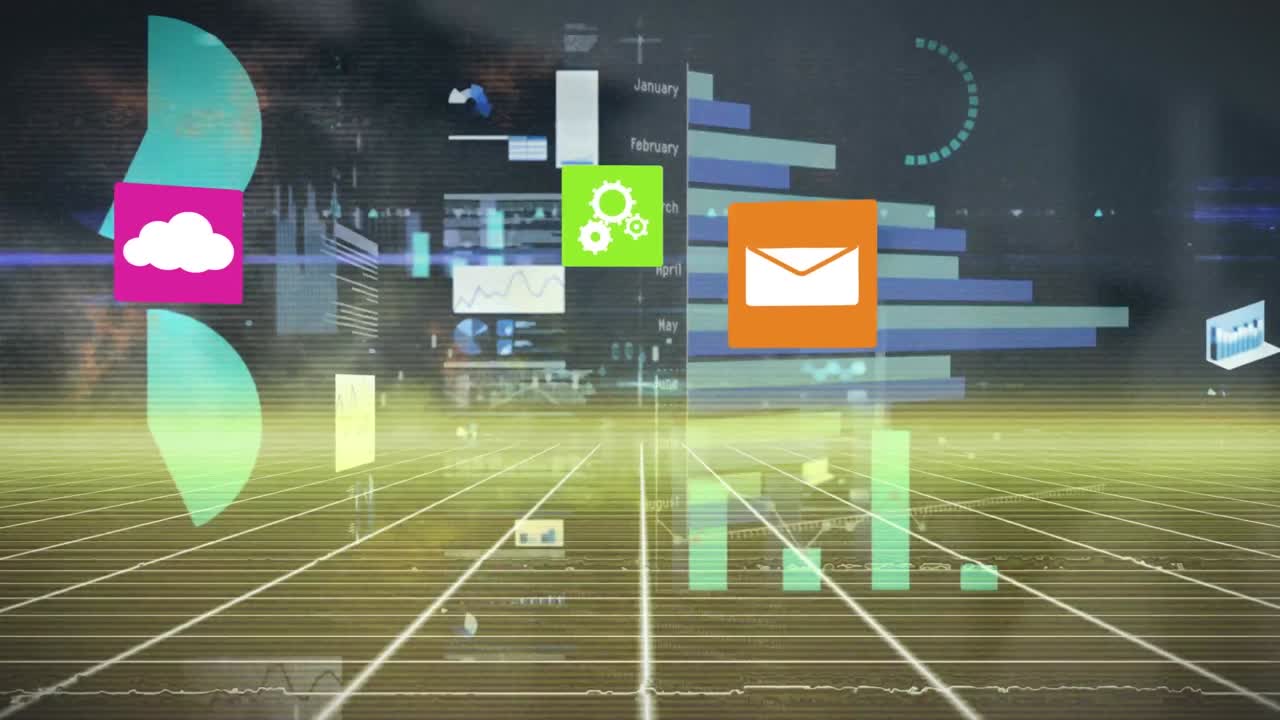 Animation of digital icons and statistical data processing over yellow grid network