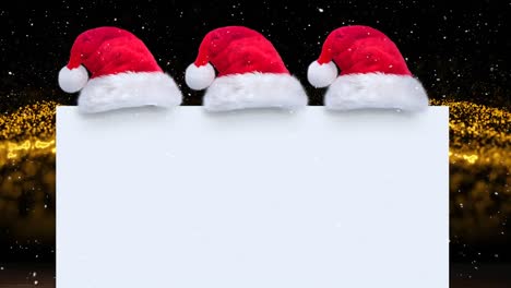 Animation-of-three-santa-hats-and-white-card-with-copy-space-over-snow-falling