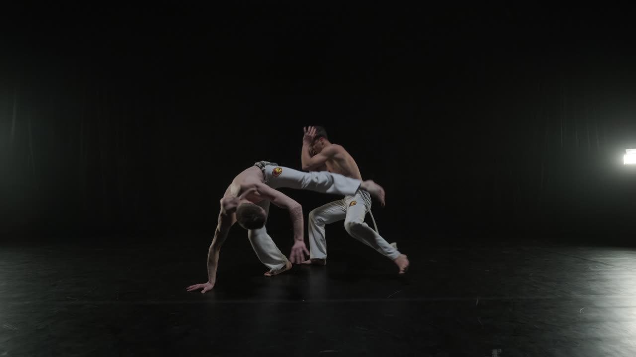 Gruppo di ballerini professionisti che praticano capoeira nell'oscurità contro un riflettore su uno sfondo nero dello studio. Arte marziale afro-brasiliana che combina elementi di danza