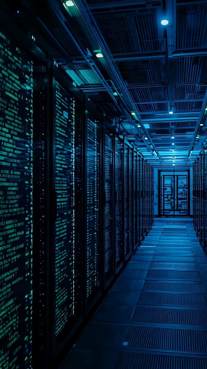Vertical video: Tracking camera gliding along server corridor, showing blinking LEDs, double doors