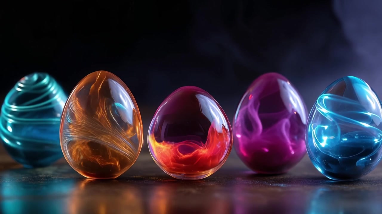 Cinque uova magiche e luminose con energia colorata vorticante