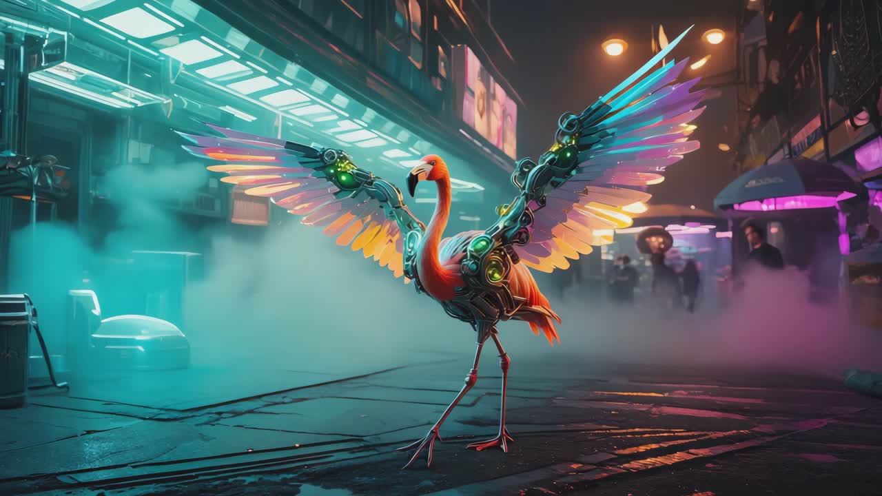 Cyberpunk Flamingo in Cityscape