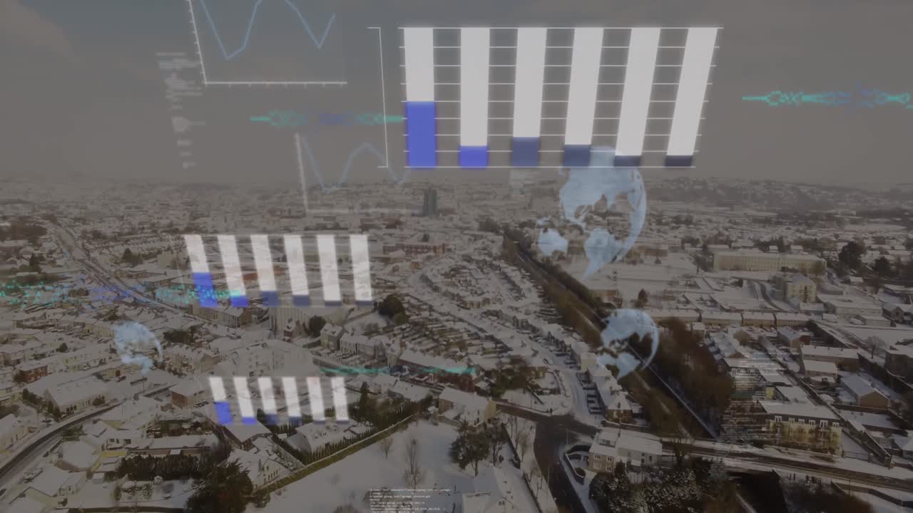 animación del procesamiento de datos estadísticos frente a la vista del paisaje urbano en invierno
