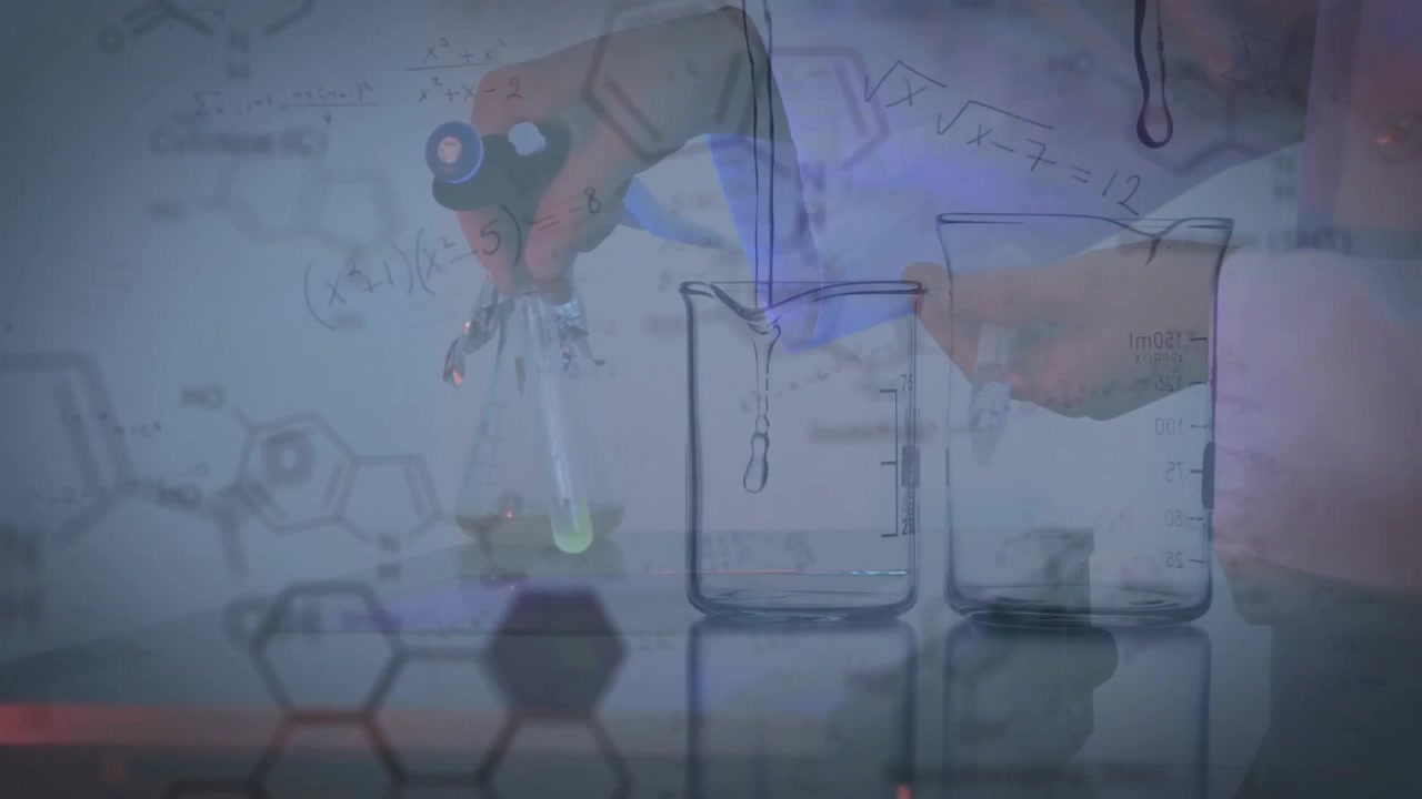 Animation of chemical equations over caucasian female scientist doing experiment in lab