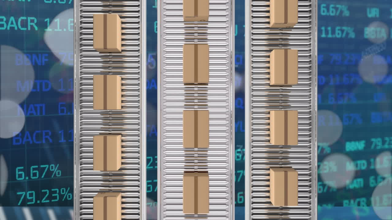 컨베이어 벨트에 있는 배달 상자의 애니메이션과 빛의 반점과 주식 시장 데이터 처리