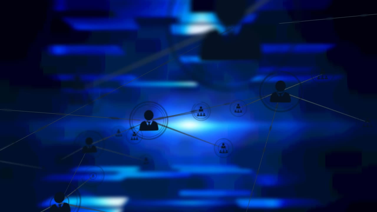 Animation of networks of connections with icons over blue screens
