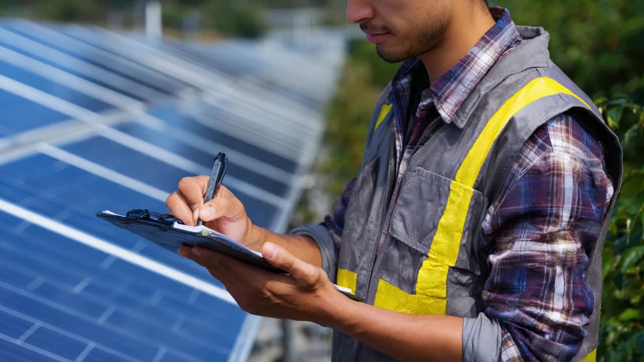 A diligent solar energy technician carefully inspects and records observations on a clipboard amidst solar panels, ensuring optimal performance and maintenance for sustainable energy solutions