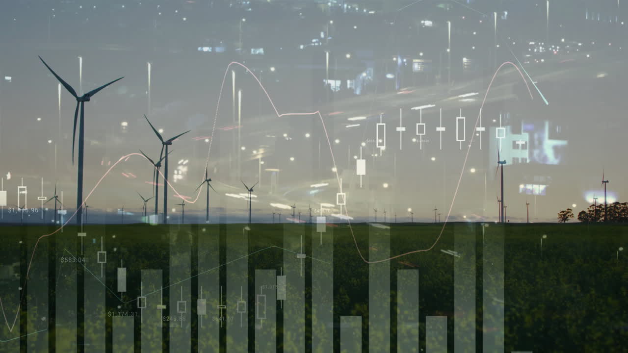 Wind turbines generating energy with financial animation overlay near city lights