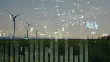 wind turbines generating energy with financial animation overlay near city lights