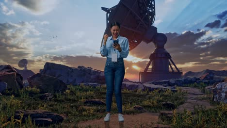 full body of an asian female professional worker standing with her smarphone with large satellite dish, she raises her fist up with screaming goal