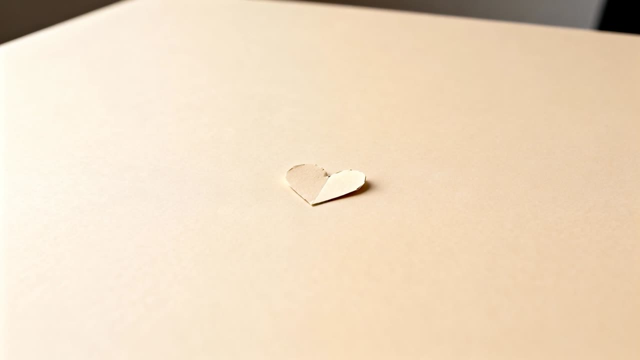 製品撮影のために、ベージュ色のシートに置かれた小さく折り畳まれた紙のハートを記録しているカメラ