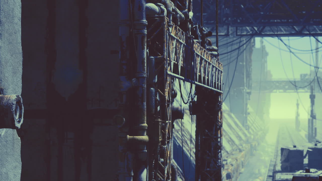 interior industrial con tuberías y estructuras en un gran espacio abandonado