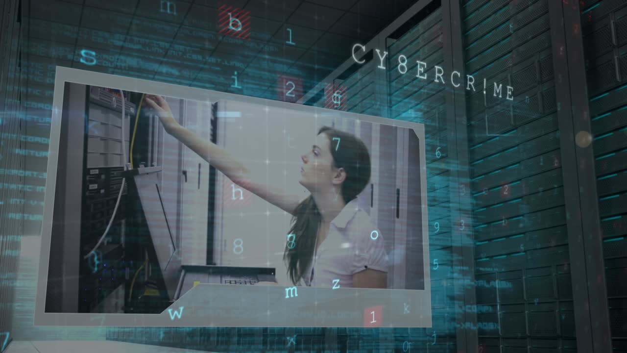 Animation of cyber attack warning over caucasian woman in server room
