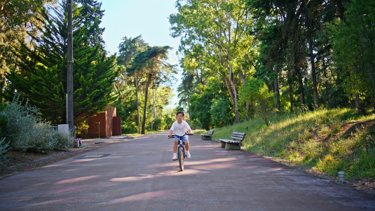 Carefree kid cycling park alley having fun. Little child riding bicycle alone