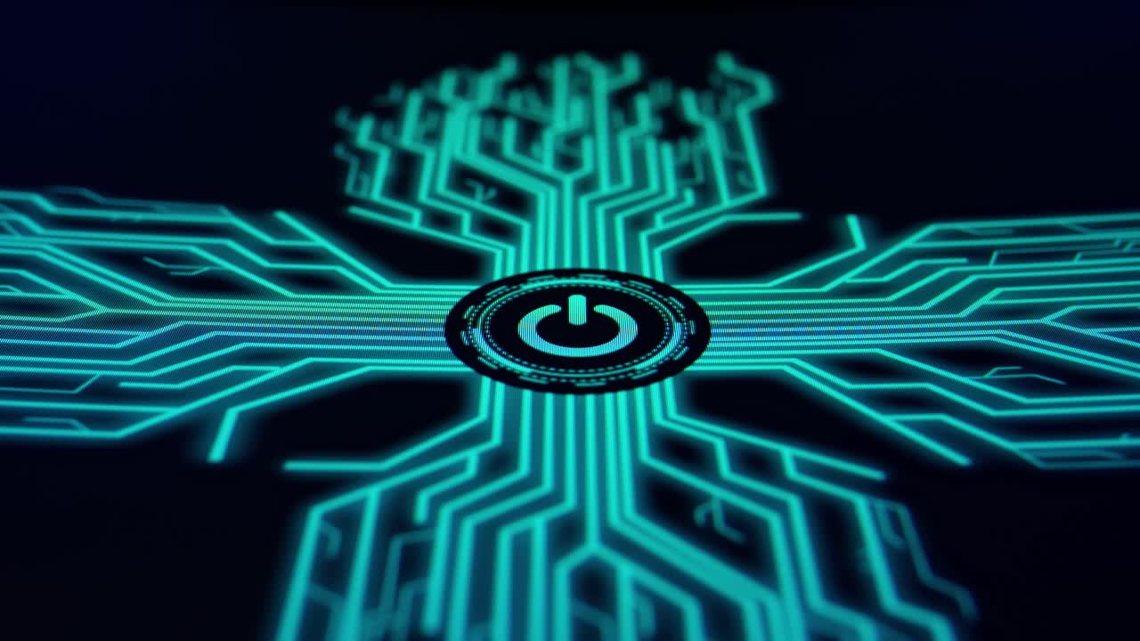 Human Finger Pushes Touch Digital Power Button With Futuristic Artificial Intelligence Spreading Through Internet. Visualization Of Machine Learning, Computer Technology, Neural Network