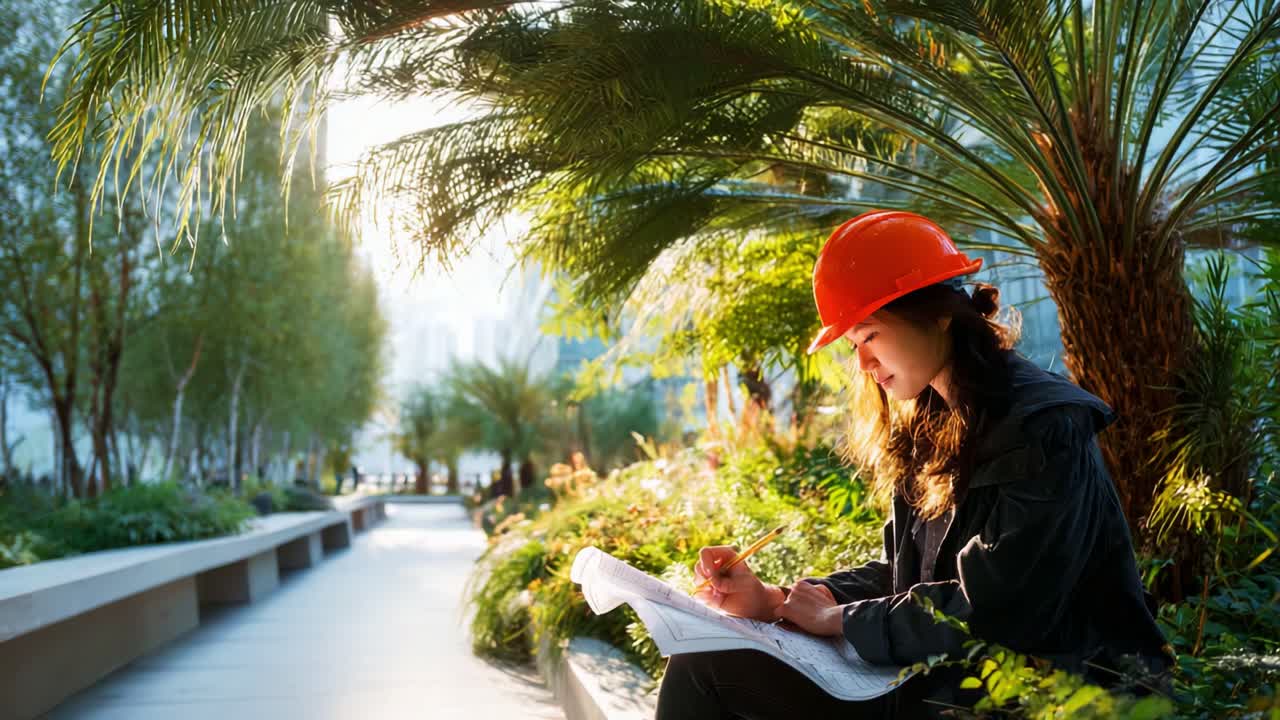Focused Individual in Safety Helmet Engaged in Planning Amidst Lush Urban Landscape: A Harmonious Blend of Nature and Development Captured in Morning Light
