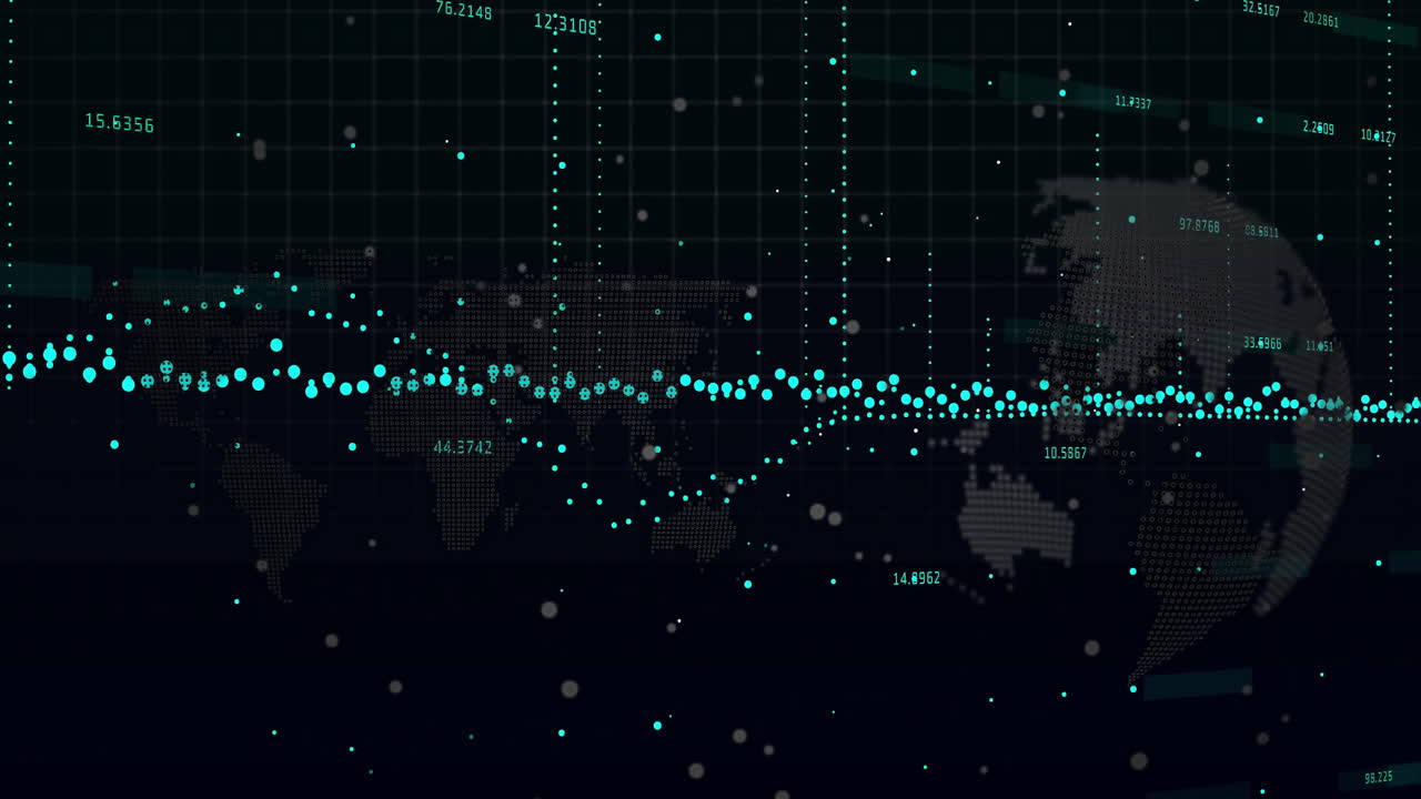 세계 지도 배경에 대한 글로벌 데이터 포인트 및 숫자 값 애니메이션