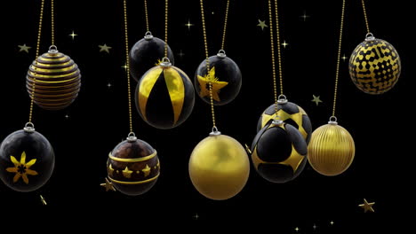 bolas de navidad negras y doradas colgando con estrellas doradas en fondo negro
