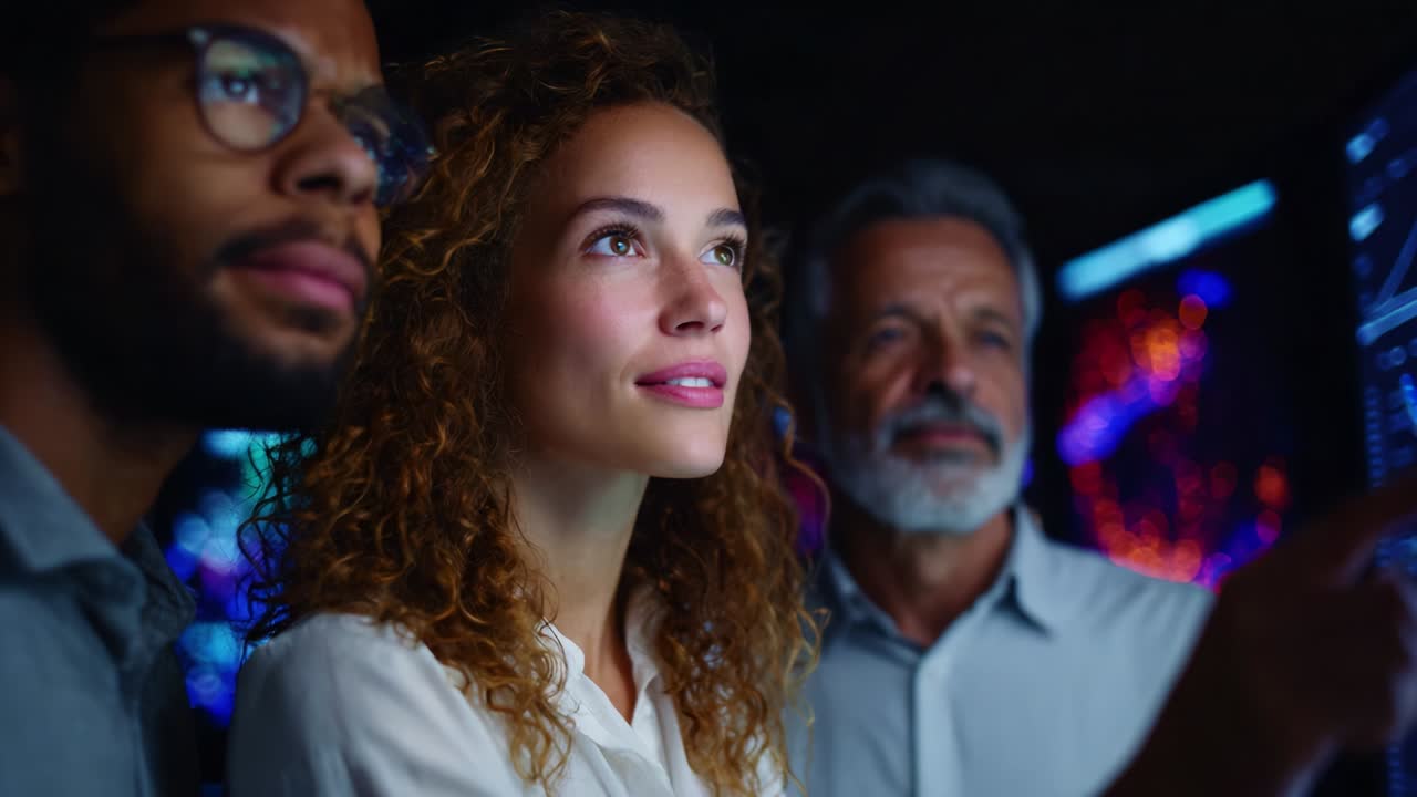 Diverse Team Collaborating in a High-Tech Environment, Analyzing Data on Screens While Engaging in Thoughtful Discussion, Focused Expressions and Insights Visible in Dynamic Workspace Setting
