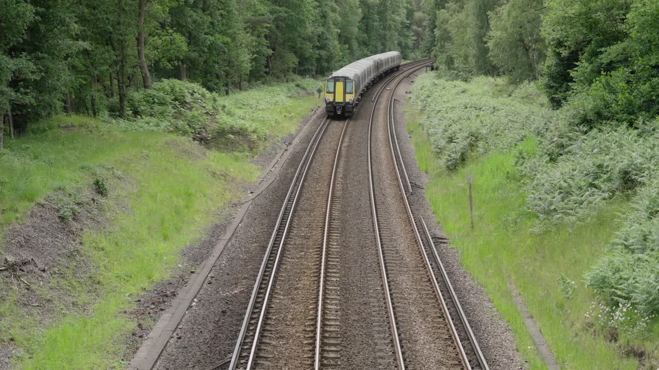 A modern British commuter train departs through green countryside on a curved double-track railway, surrounded by summer foliage and forest under an overcast sky.