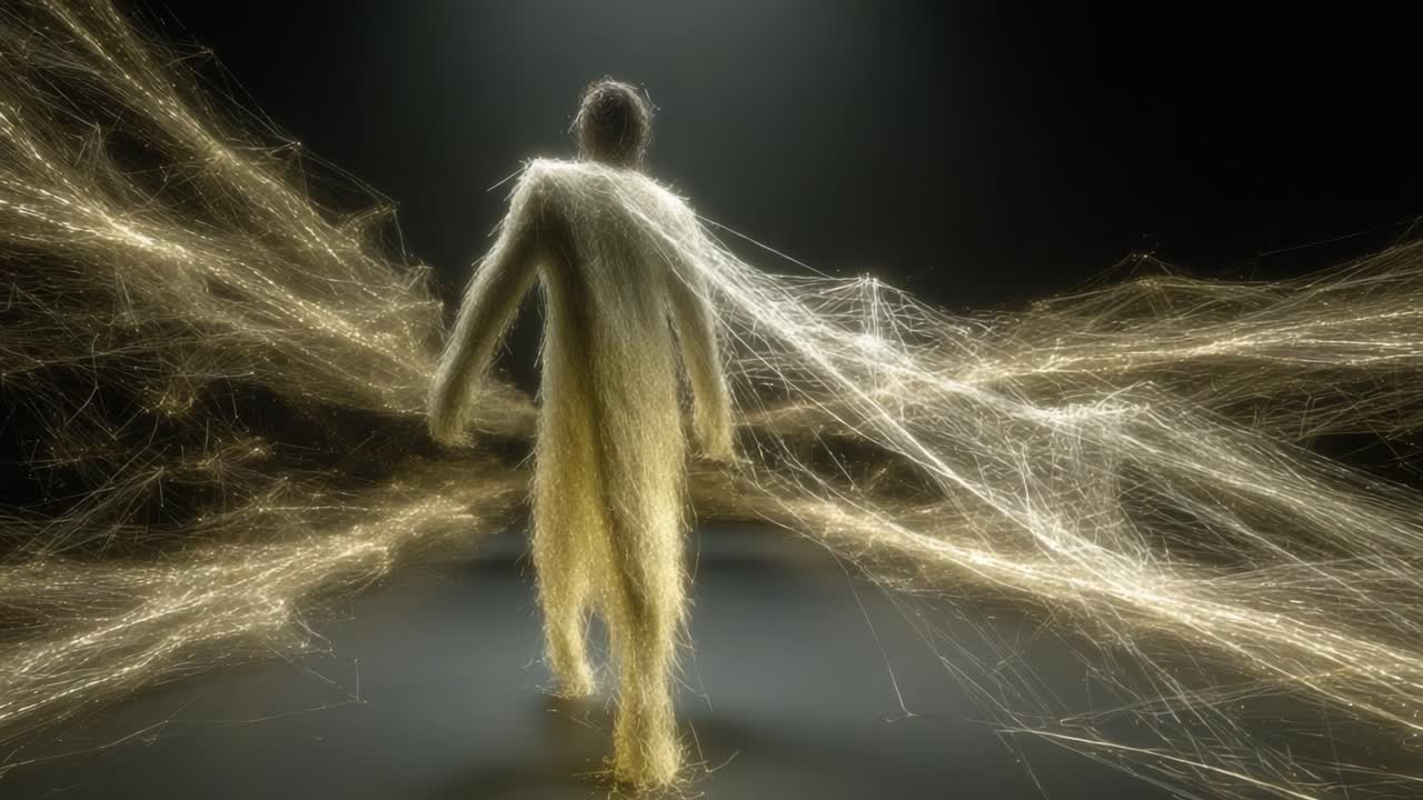 A surreal figure draped in shimmering, ethereal strands of light makes its way through a mesmerizing realm of intertwined luminescence, embodying the intersection of nature and art