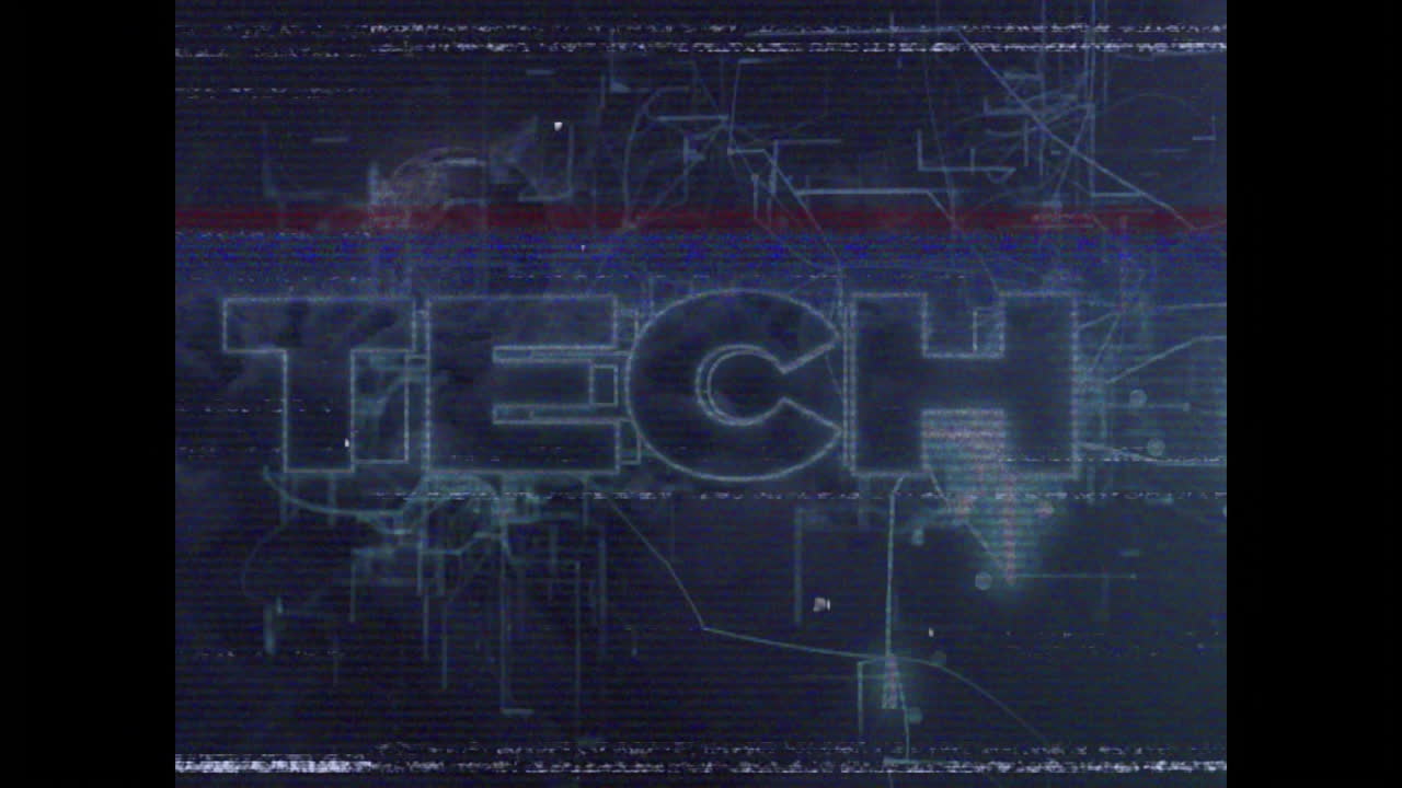 Animation of tech text with glitch effects over digital network background