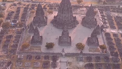 9th century prambanan temple aerial view at sunset which is a unesco site, yogyakarta, indonesia