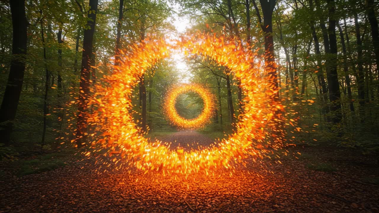 Mystical scenes showcasing glowing orange rings of fire positioned in a serene forest path, blending the magic of nature with captivating visual elements