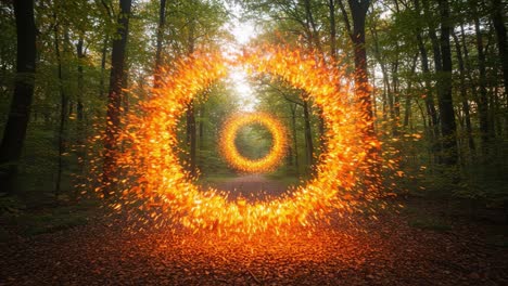 mystical scenes showcasing glowing orange rings of fire positioned in a serene forest path, blending the magic of nature with captivating visual elements