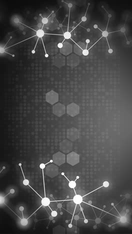 abstract black background of molecular structures. connected lines with dots. medical, technology, chemistry, science loop animation. vertical video.