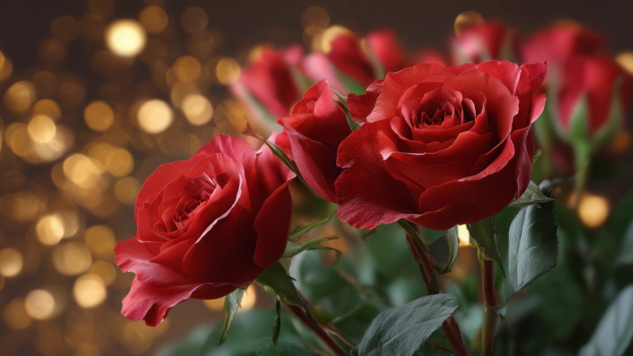 Hermoso arreglo de rosas rojas vibrantes sobre un fondo bokeh dorado de ensueño, exhibiendo sus exuberantes pétalos y su encanto cautivador en un entorno sereno.