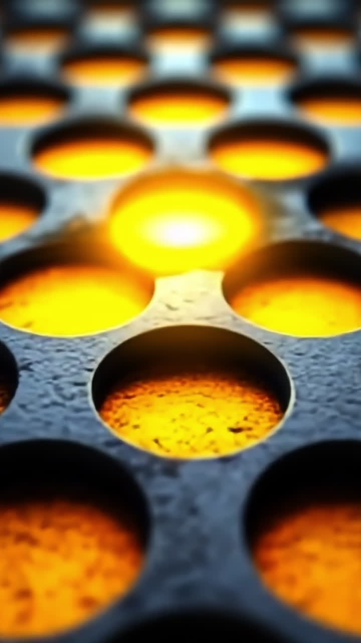 Metal with circular patterns. Close-up of a textured metal surface with circular holes, bathed in warm light for a striking effect.