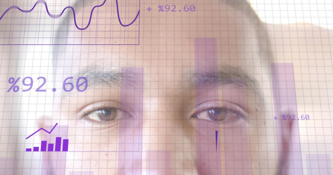 Indivíduo em teste abrindo os olhos enquanto gráficos de linha e barras digitais se atualizam, analisando dados tecnológicos.
