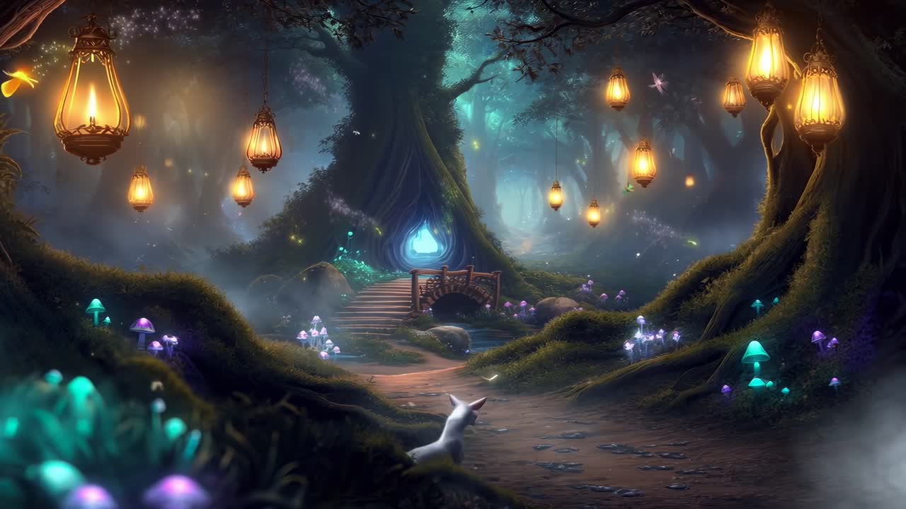 Incantevole scena boschiva con lanterne luminose, vista dal basso, perfetta per video fantasy