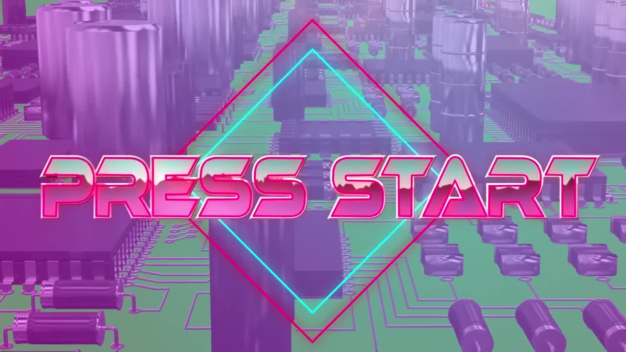 기하학적 모양과 프로세서 코어 위에 프레스 시작 텍스트의 애니메이션