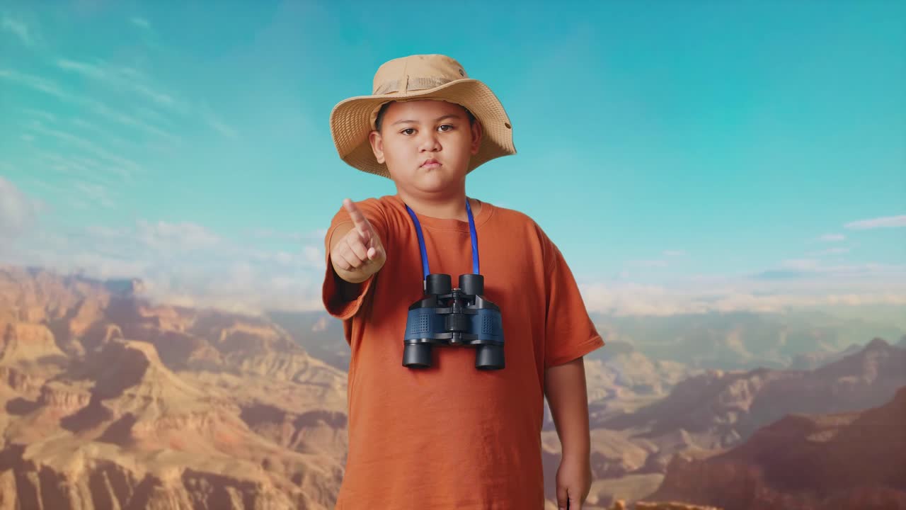 Asian Boy With A Hat And Binoculars Pointing His Finger Towards You And Shaking Head Waving Index Finger Avoid Offer While Traveling At The Top Of Mountain. Boy Researcher Showing No Gesture
