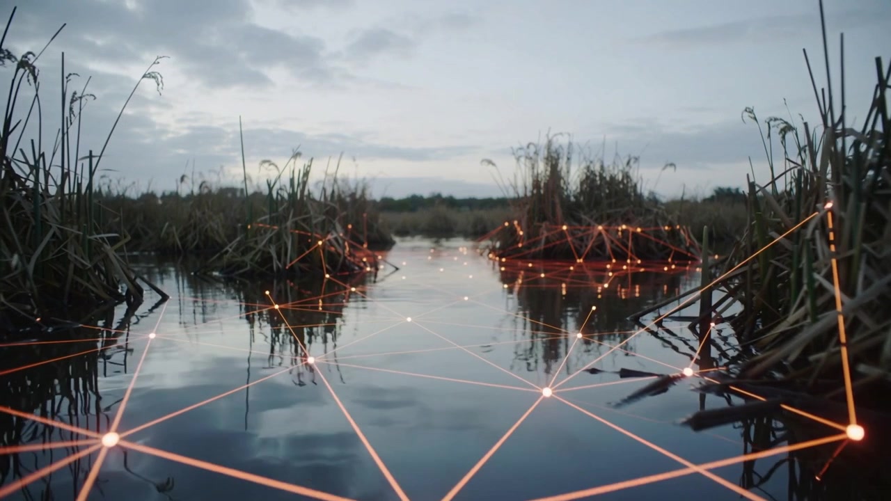 Glowing nodes appearing and connecting, forming mesh across marsh water at dusk, reflecting