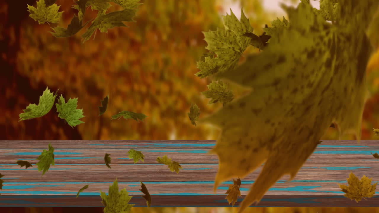 animación digital de múltiples hojas de otoño flotando sobre la superficie de madera contra el bosque