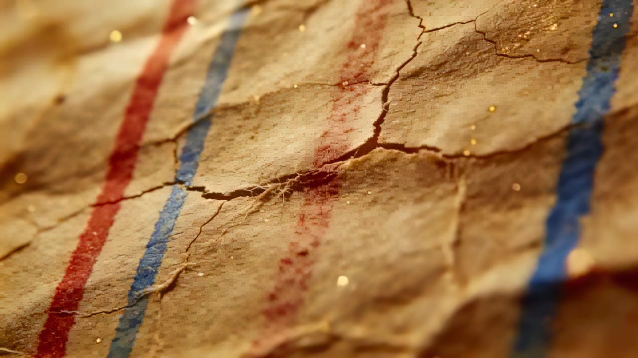Pulling focus camera revealing torn ruled paper texture in studio, exposing fibers and gold specks