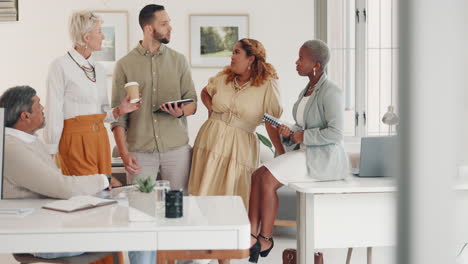 discussion, teamwork and business people in office
