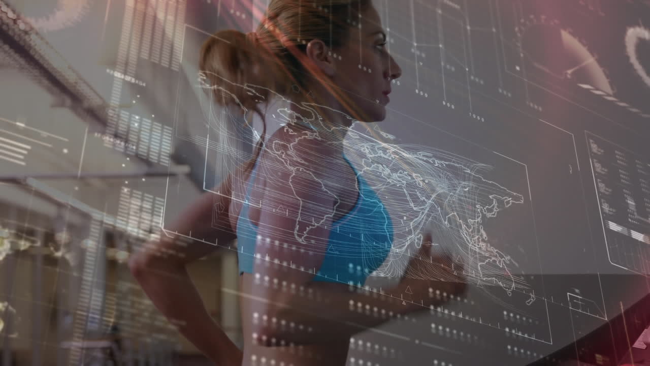 animación de escaneo de alcance y procesamiento de datos sobre una mujer haciendo ejercicio en el gimnasio