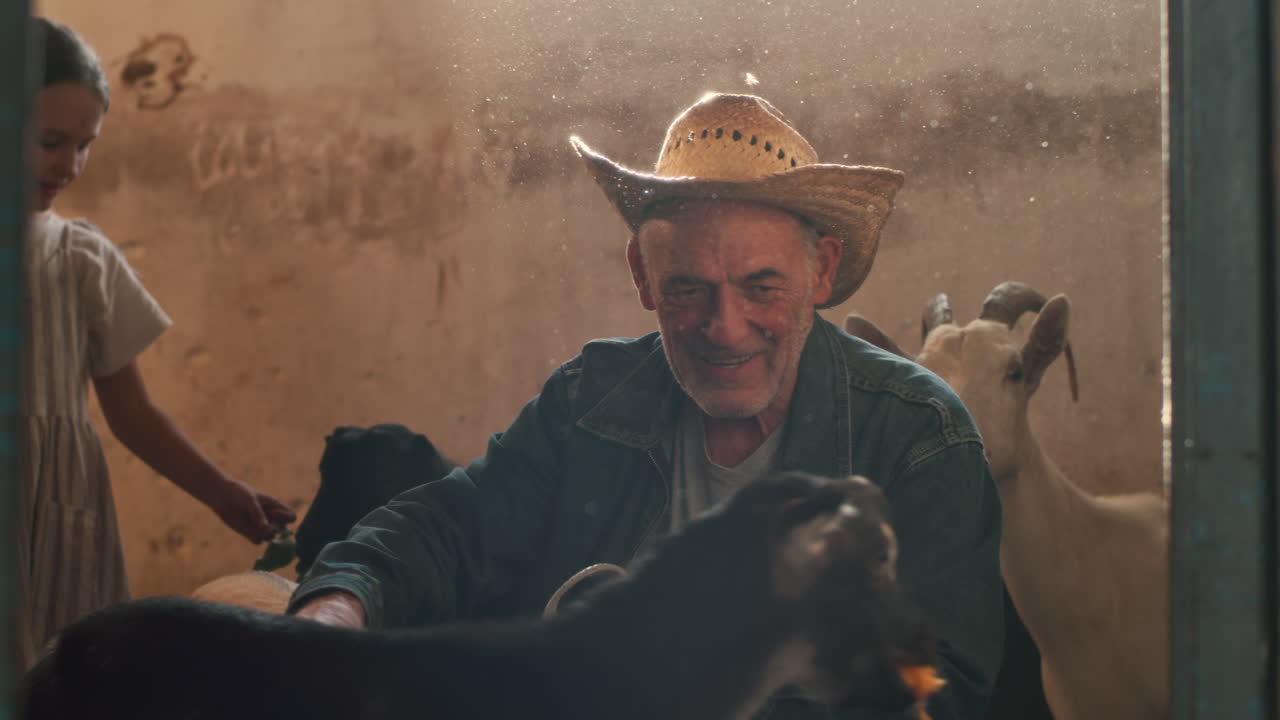 Old Farmer Interacting with Goats